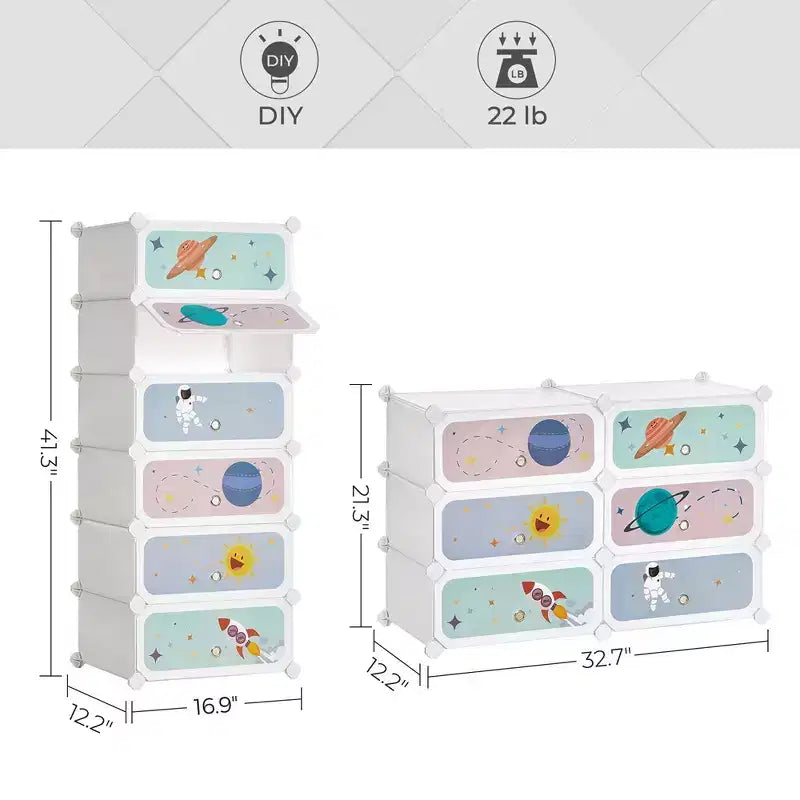 SONGMICS Organiseur de Rangement Empilable 6 Cubes, Armoire en Plastique, Étagère à Chaussures pour Enfants avec Portes, Blanc
