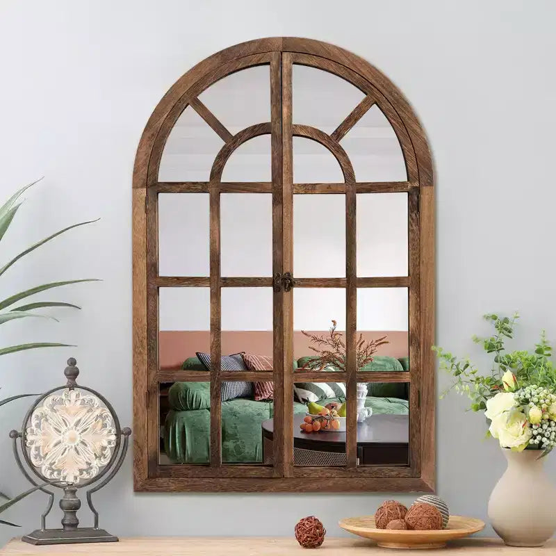 Dovelina 36H x 24W Arched Wood Window Pane Mirror Decorative Wall Mirror Overmantle Mirror for Living Room Dining Room Bedroom Entryway