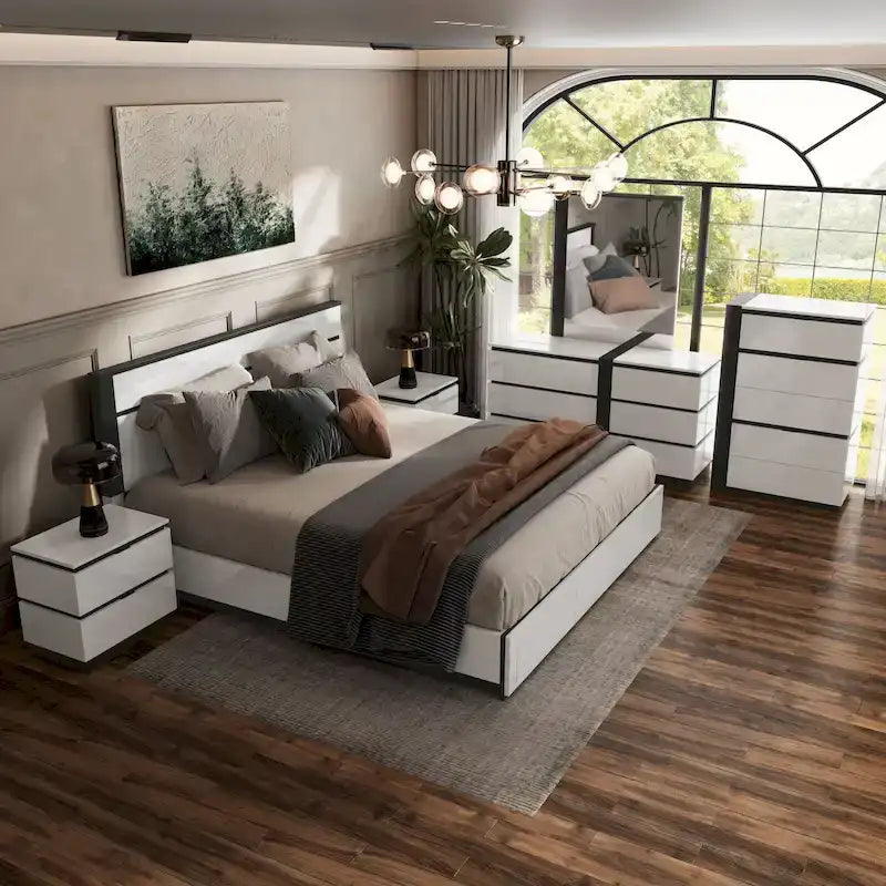 Ensemble de chambre à coucher 6 pièces Conjira blanc moderne en bois avec plateforme de rangement et ports USB par Furniture of America