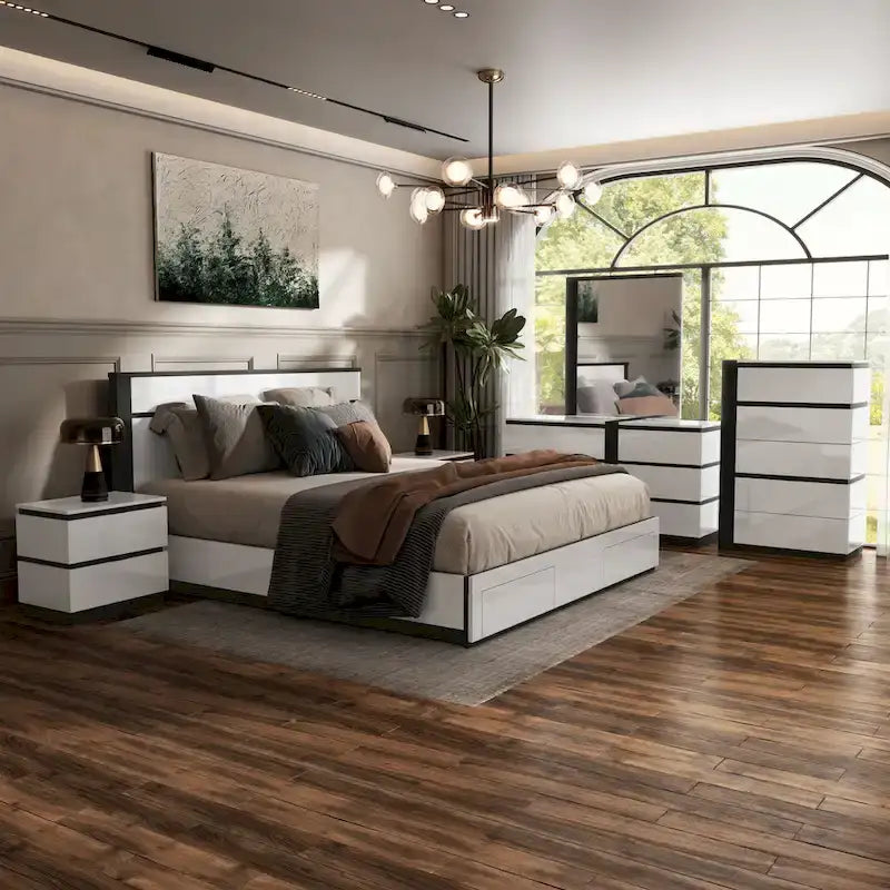 Ensemble de chambre à coucher 6 pièces Conjira blanc moderne en bois avec plateforme de rangement et ports USB par Furniture of America