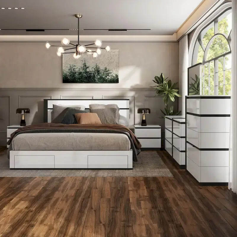 Ensemble de chambre à coucher 6 pièces Conjira blanc moderne en bois avec plateforme de rangement et ports USB par Furniture of America