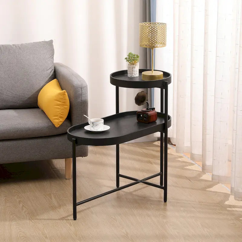 Table d'appoint noire à 2 niveaux avec rangement, table de canapé pour salon, cadre en métal et plateau en bois