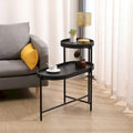 Table d'appoint noire à 2 niveaux avec rangement, table de canapé pour salon, cadre en métal et plateau en bois