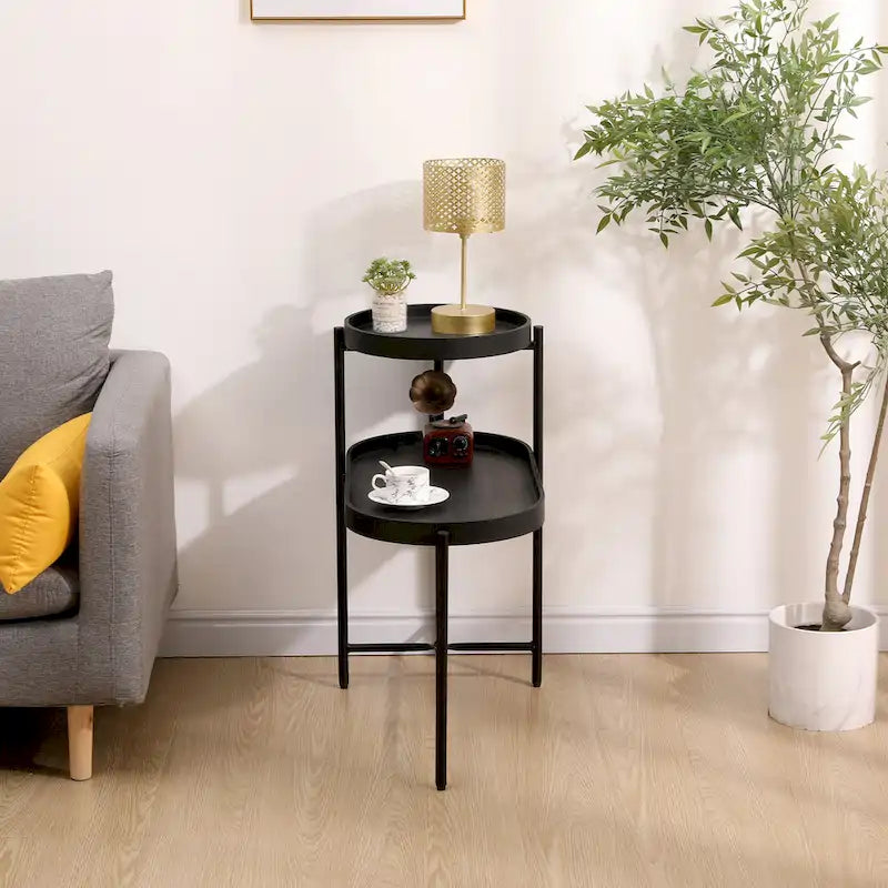 Table d'appoint noire à 2 niveaux avec rangement, table de canapé pour salon, cadre en métal et plateau en bois