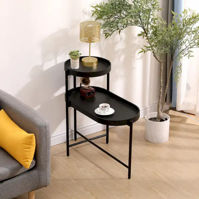 Table d'appoint noire à 2 niveaux avec rangement, table de canapé pour salon, cadre en métal et plateau en bois