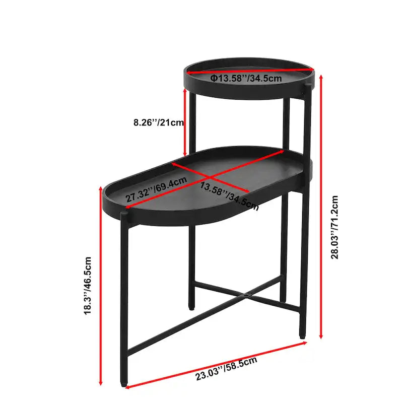 Table d'appoint noire à 2 niveaux avec rangement, table de canapé pour salon, cadre en métal et plateau en bois