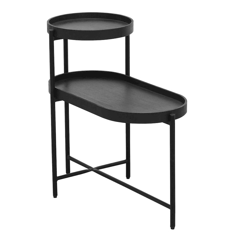 Table d'appoint noire à 2 niveaux avec rangement, table de canapé pour salon, cadre en métal et plateau en bois