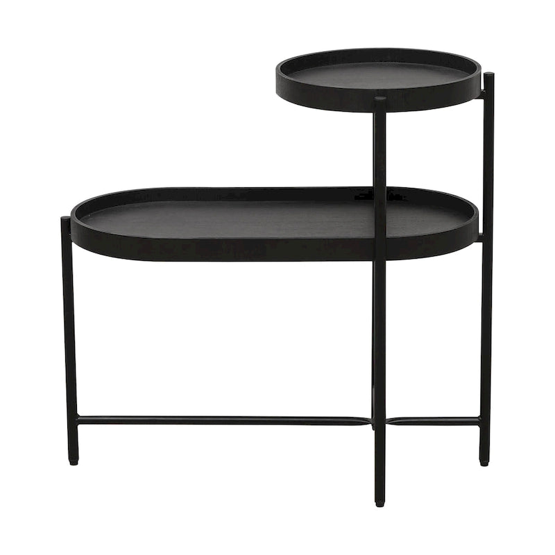 Table d'appoint noire à 2 niveaux avec rangement, table de canapé pour salon, cadre en métal et plateau en bois