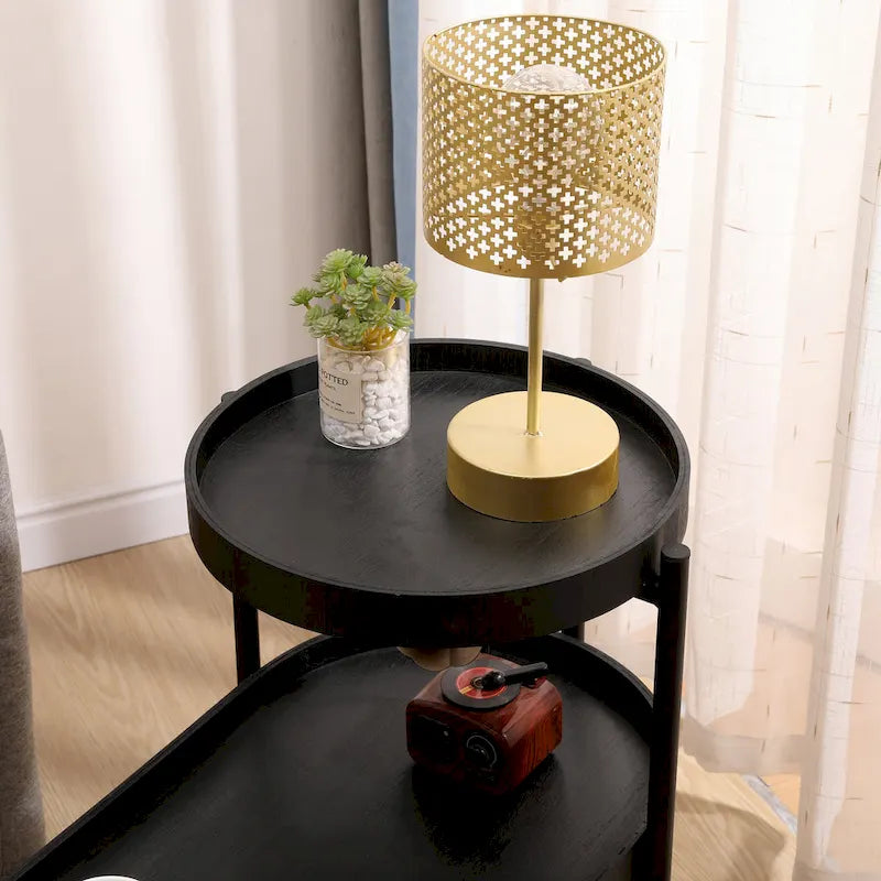 Table d'appoint noire à 2 niveaux avec rangement, table de canapé pour salon, cadre en métal et plateau en bois