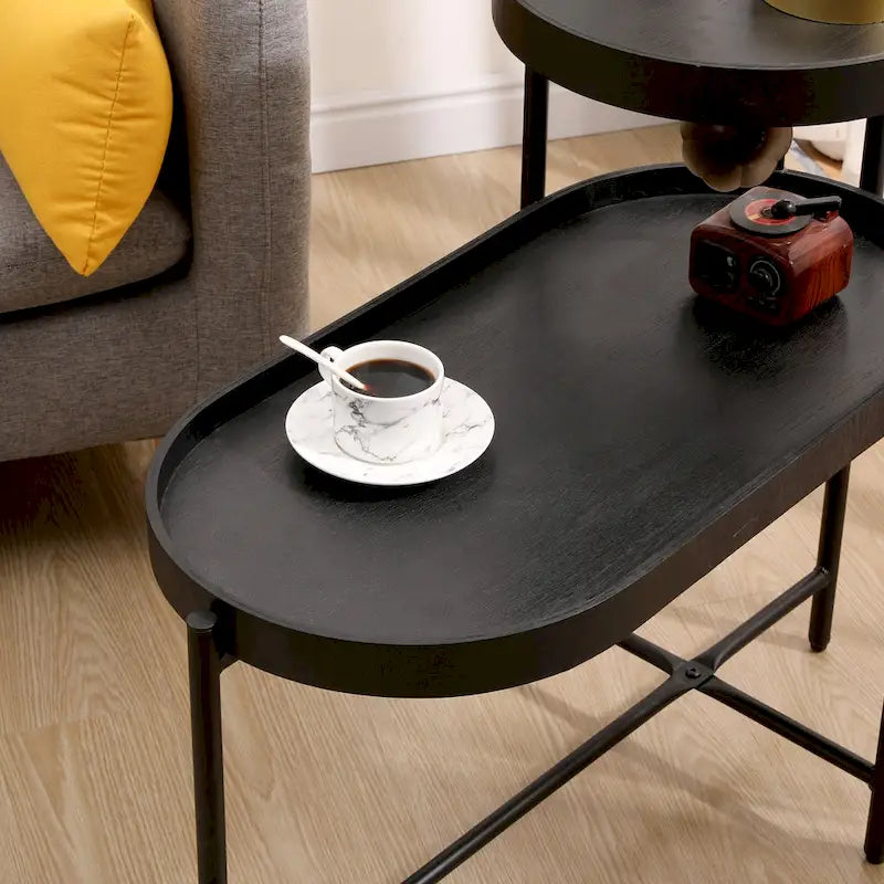 Table d'appoint noire à 2 niveaux avec rangement, table de canapé pour salon, cadre en métal et plateau en bois
