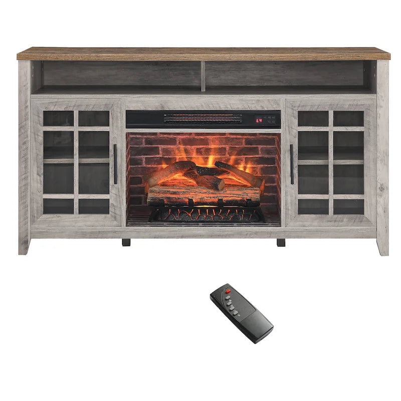 Meuble TV 55 pouces avec foyer électrique avec inserts de chauffage KD, couleur gris délavé