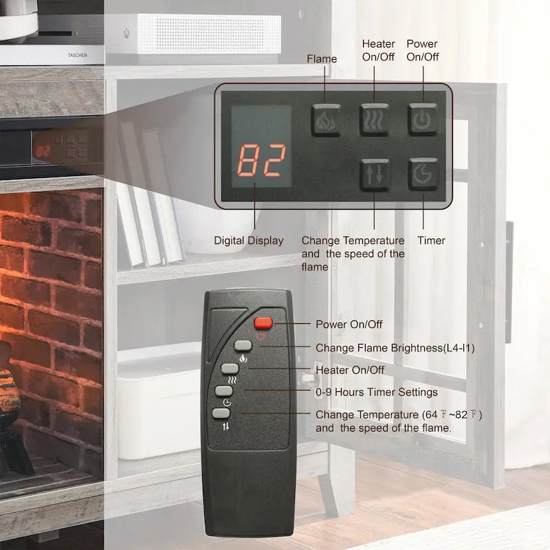 Meuble TV 55 pouces avec foyer électrique avec inserts de chauffage KD, couleur gris délavé