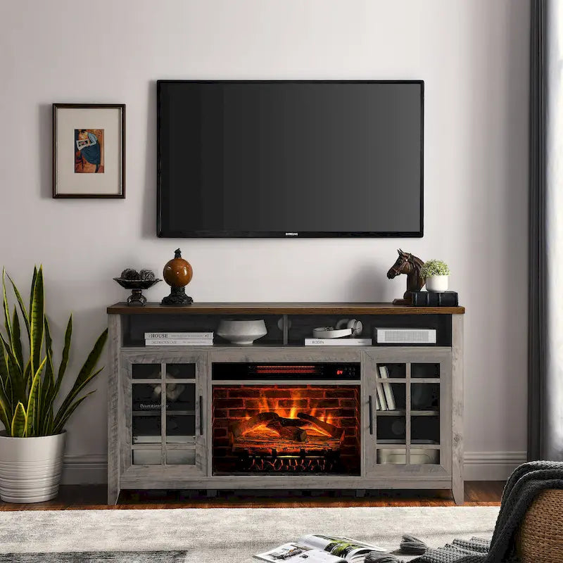 Meuble TV 55 pouces avec foyer électrique avec inserts de chauffage KD, couleur gris délavé