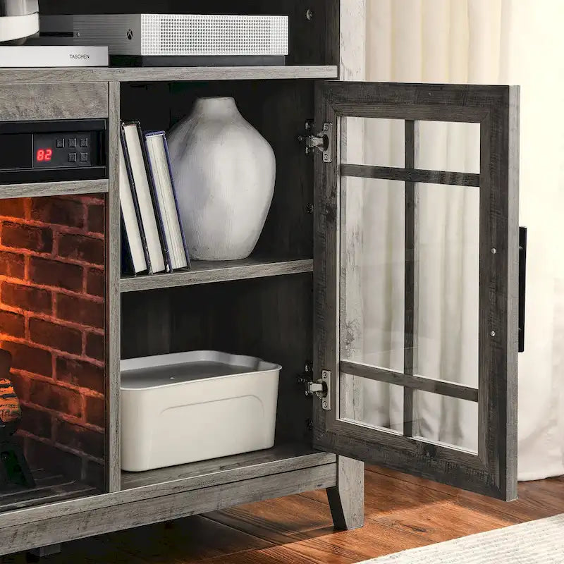 Meuble TV 55 pouces avec foyer électrique avec inserts de chauffage KD, couleur gris délavé