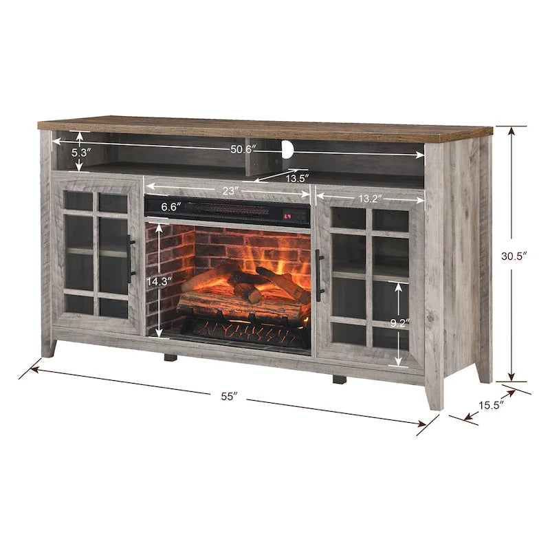 Meuble TV 55 pouces avec foyer électrique avec inserts de chauffage KD, couleur gris délavé