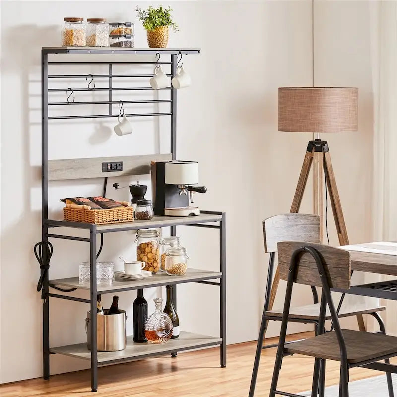 Yaheetech Desserte de cuisine à 4 niveaux avec prise électrique, support de micro-ondes, gris