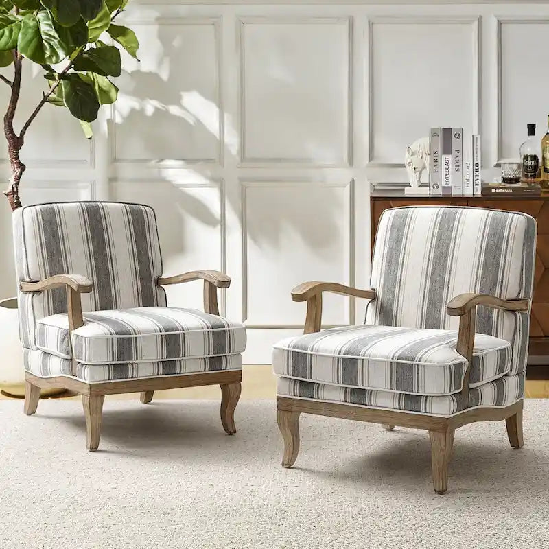 Fauteuil Rinaldo Farmhouse en polyester avec pieds en bois massif, lot de 2, par HULALA HOME