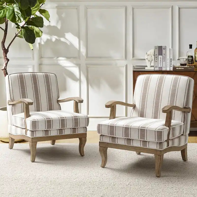 Fauteuil Rinaldo Farmhouse en polyester avec pieds en bois massif, lot de 2, par HULALA HOME