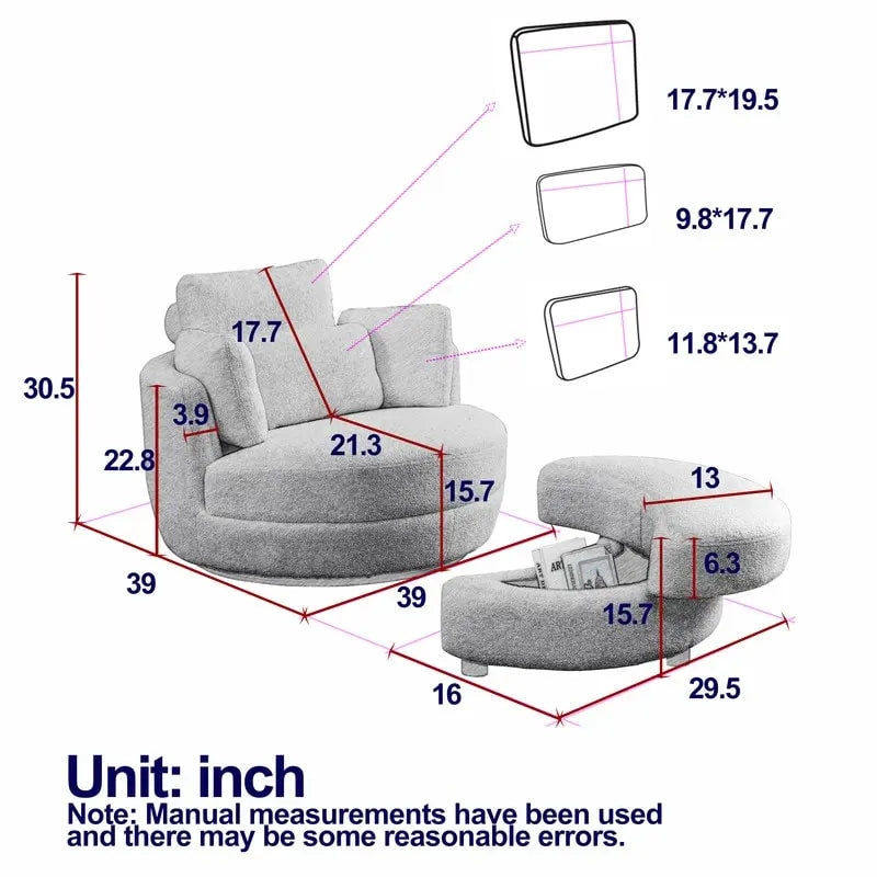 Fauteuil pivotant Circle avec pouf de rangement Moon et 4 coussins