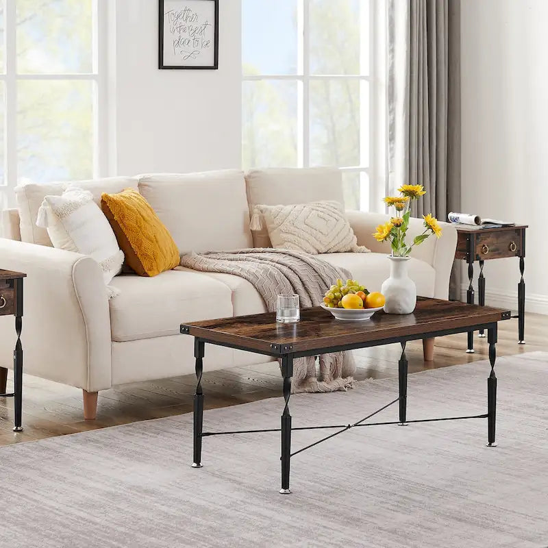 Ensemble de 3 tables basses avec 1 table basse + 2 tables d'appoint, design en X, marron rustique