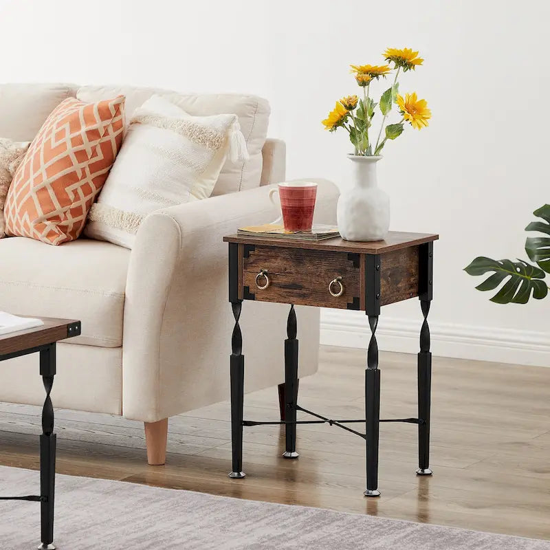 Ensemble de 3 tables basses avec 1 table basse + 2 tables d'appoint, design en X, marron rustique