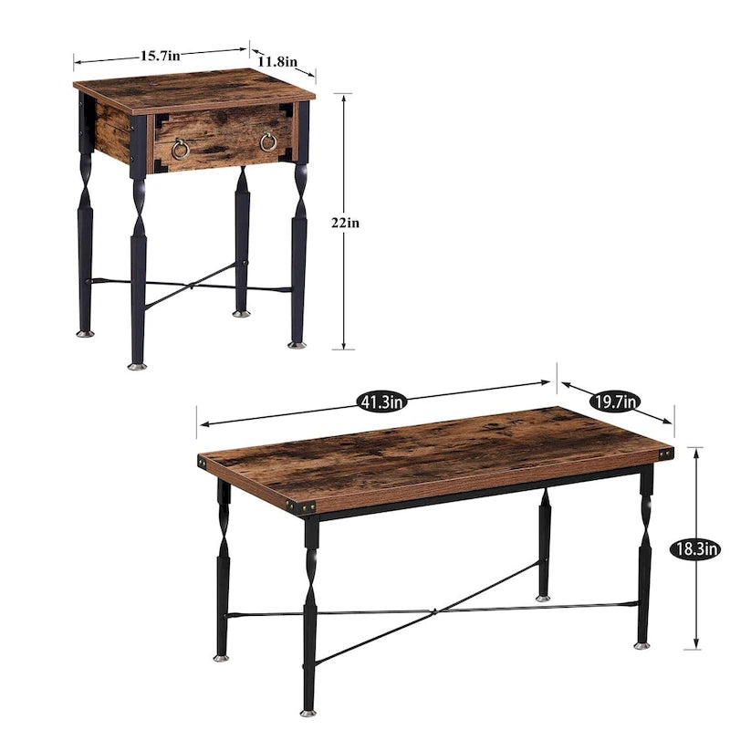 Ensemble de 3 tables basses avec 1 table basse + 2 tables d'appoint, design en X, marron rustique
