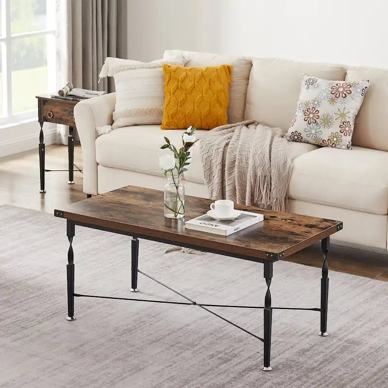 Ensemble de 3 tables basses avec 1 table basse + 2 tables d'appoint, design en X, marron rustique