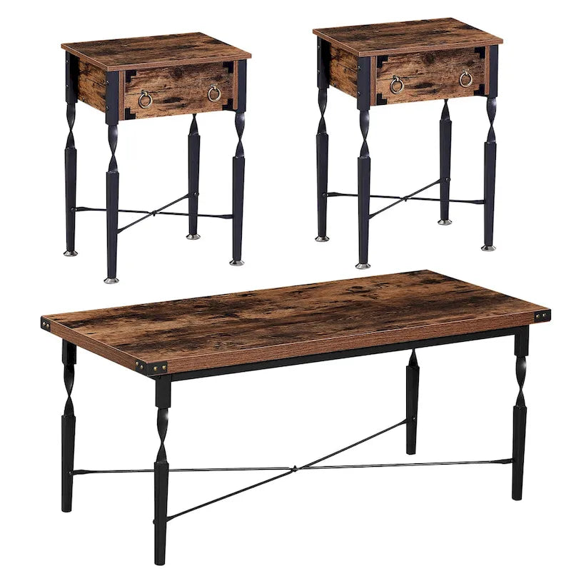 Ensemble de 3 tables basses avec 1 table basse + 2 tables d'appoint, design en X, marron rustique