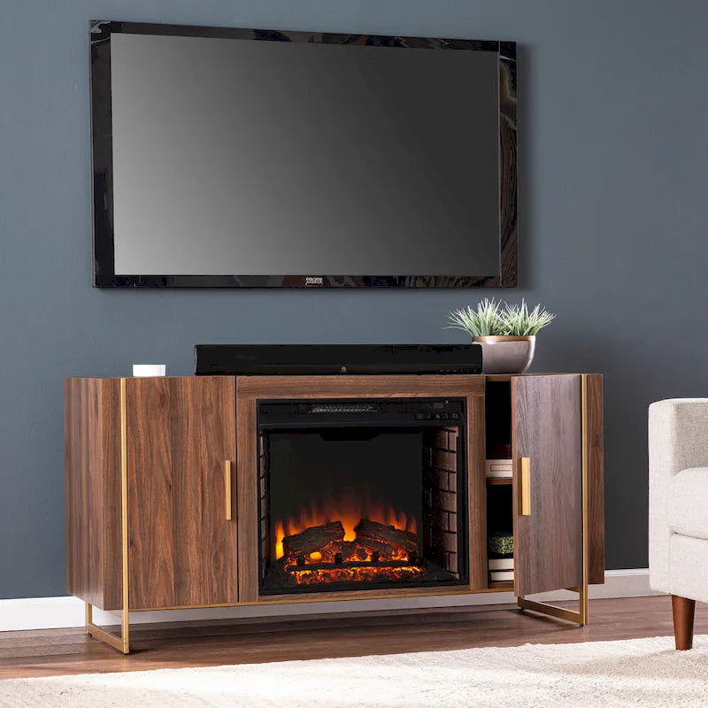 Meuble TV multimédia contemporain marron avec cheminée électrique Danielson de SEI Furniture, pour téléviseurs jusqu'à 52 pouces