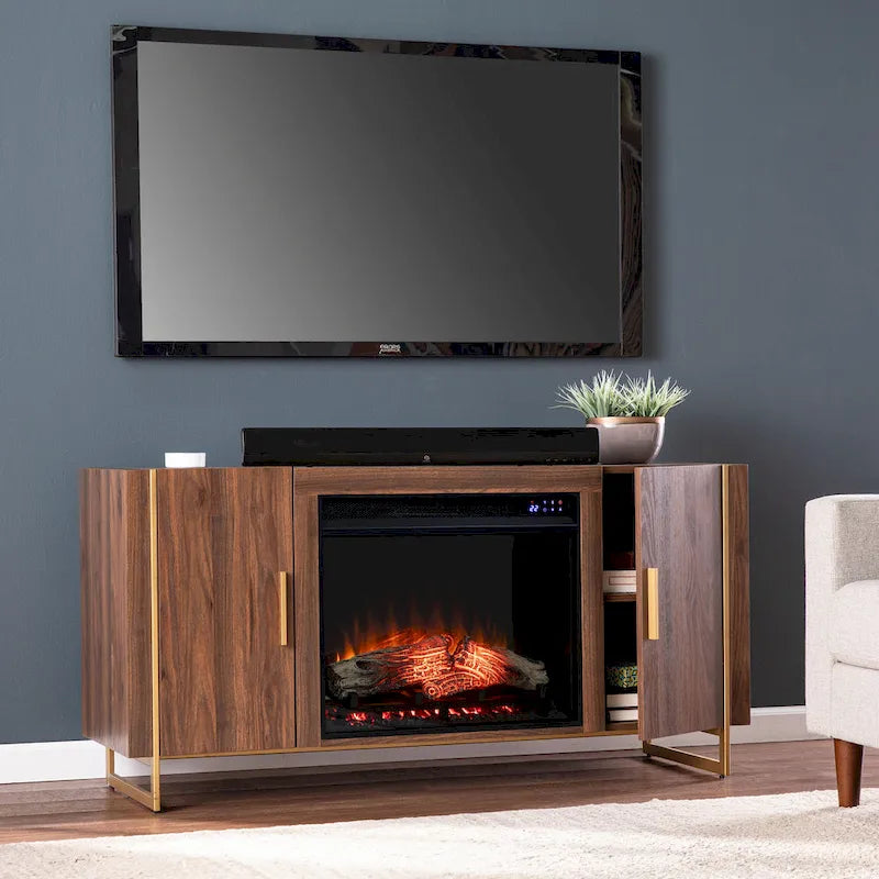 Meuble TV multimédia contemporain marron avec cheminée électrique Danielson de SEI Furniture, pour téléviseurs jusqu'à 52 pouces