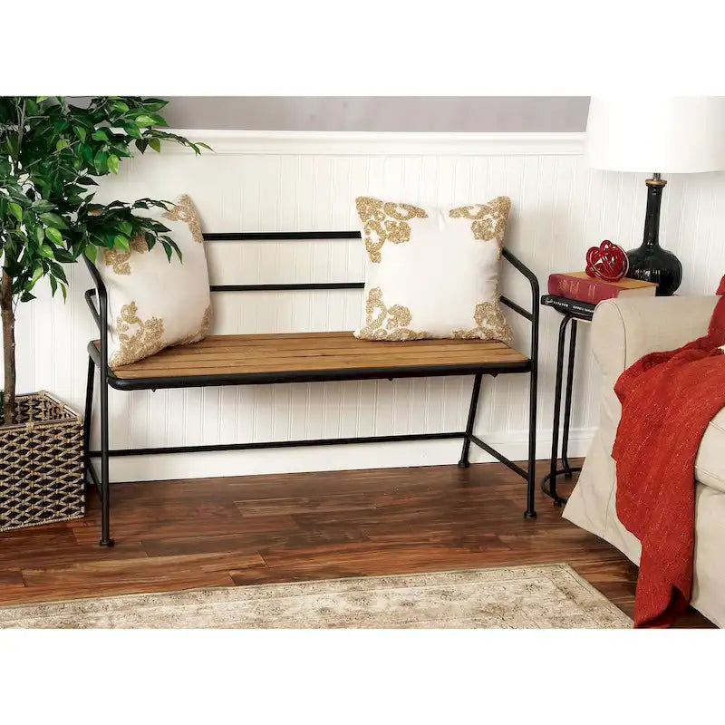 Banc en métal avec assise en bois - Noir - Décor Roche River - 18Lx45Px28H