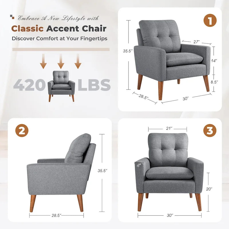 Fauteuil d'appoint Homall, Fauteuil Moderne en Tissu Rembourré avec Pieds en Bois, Chaise Longue pour Salon