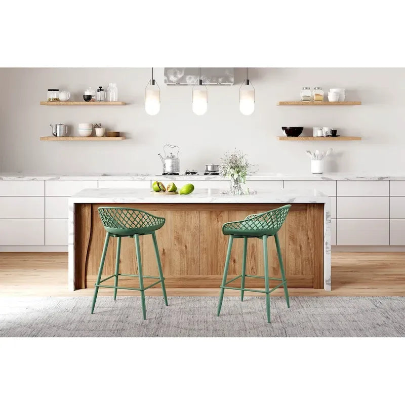 Tabouret de comptoir Kurv moderne du milieu du siècle avec pieds en acier pour l'intérieur ou l'extérieur – Lot de 2