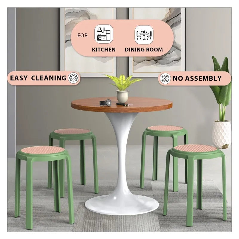 Tabouret de salle à manger rond en plastique avec plateau en osier Série Tresse par LeisureMod - 17.7 H x 13.4 L x 13.4 P