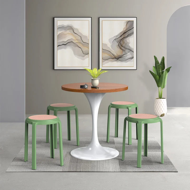 Tabouret de salle à manger rond en plastique avec plateau en osier Série Tresse par LeisureMod - 17.7 H x 13.4 L x 13.4 P