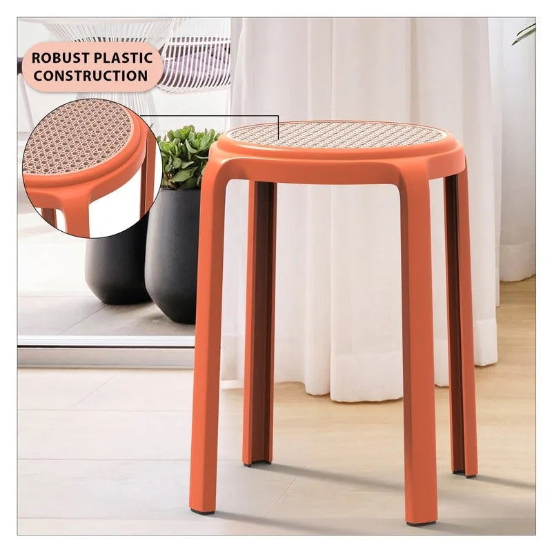 Tabouret de salle à manger rond en plastique avec plateau en osier Série Tresse par LeisureMod - 17.7 H x 13.4 L x 13.4 P