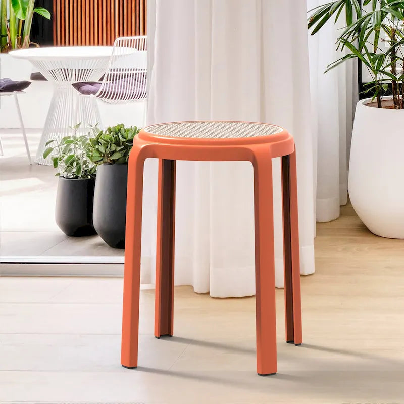 Tabouret de salle à manger rond en plastique avec plateau en osier Série Tresse par LeisureMod - 17.7 H x 13.4 L x 13.4 P