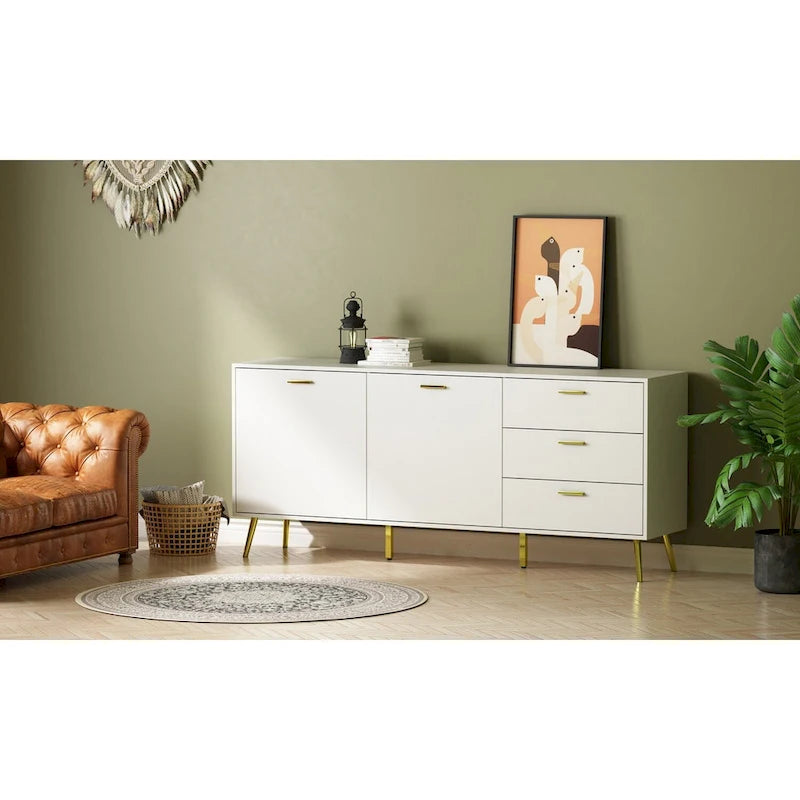Commode/Coiffeuse à 3 tiroirs de 69 po avec poignées et pieds en métal