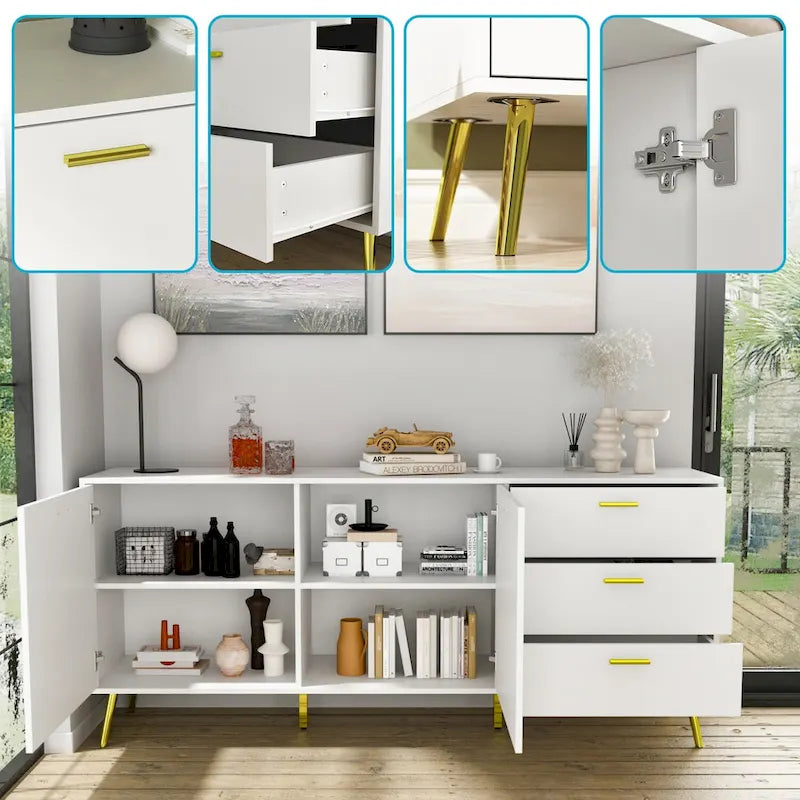 Commode/Coiffeuse à 3 tiroirs de 69 po avec poignées et pieds en métal