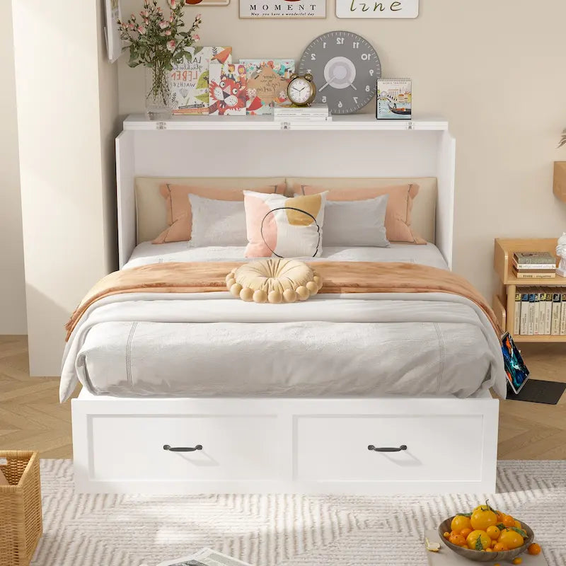 Armoire-lit moderne en bois blanc, commode et armoire 2-en-1