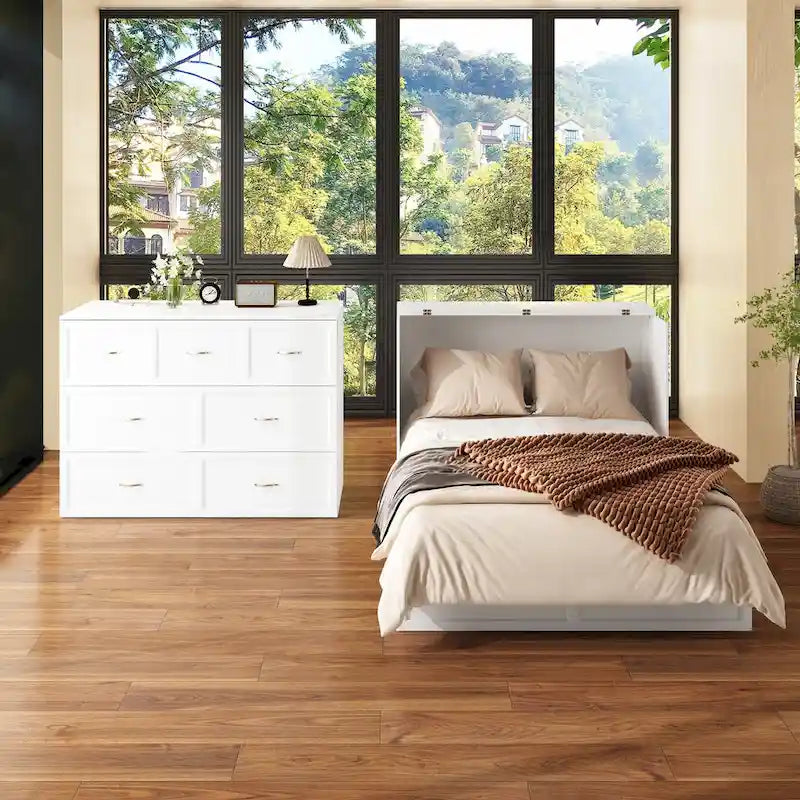 Armoire-lit moderne en bois blanc, commode et armoire 2-en-1