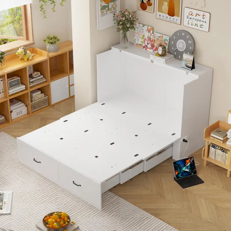 Armoire-lit moderne en bois blanc, commode et armoire 2-en-1
