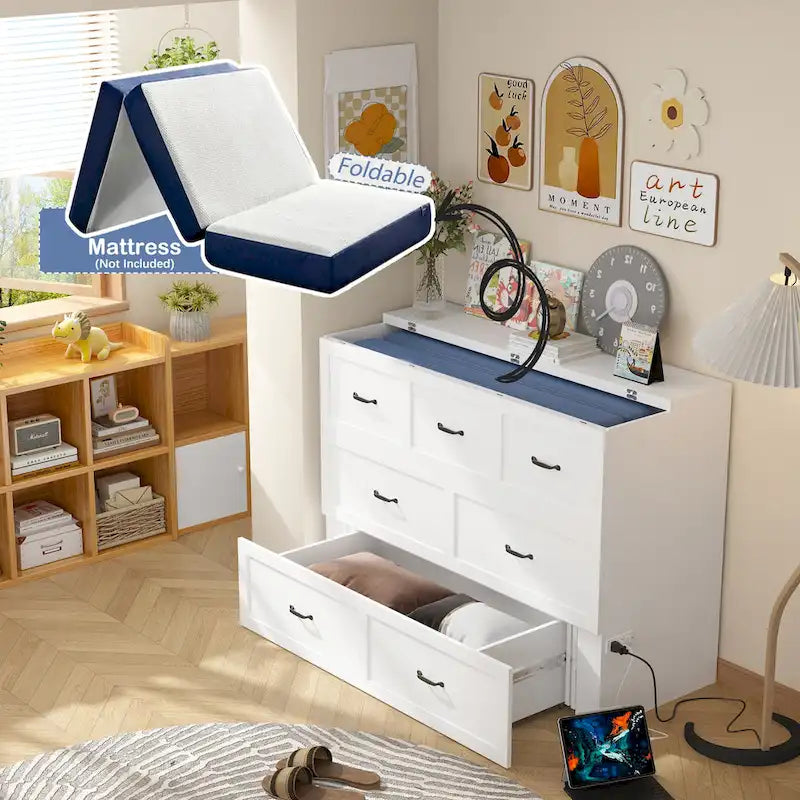 Armoire-lit moderne en bois blanc, commode et armoire 2-en-1