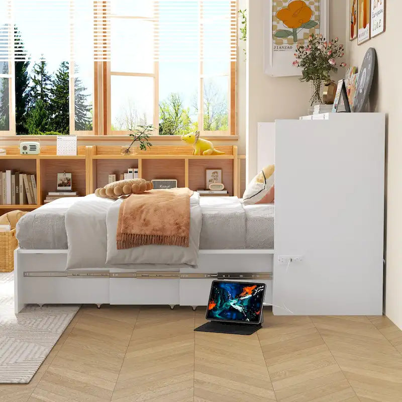 Armoire-lit moderne en bois blanc, commode et armoire 2-en-1