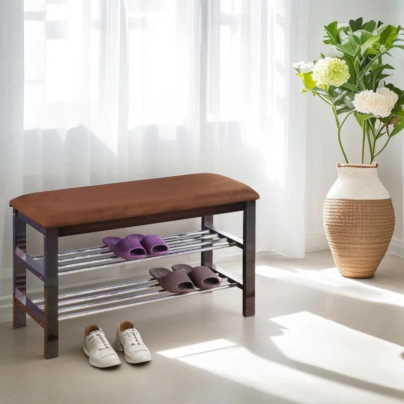 Banc à chaussures Roundhill Furniture en bois expresso foncé avec siège en microfibre couleur chocolat