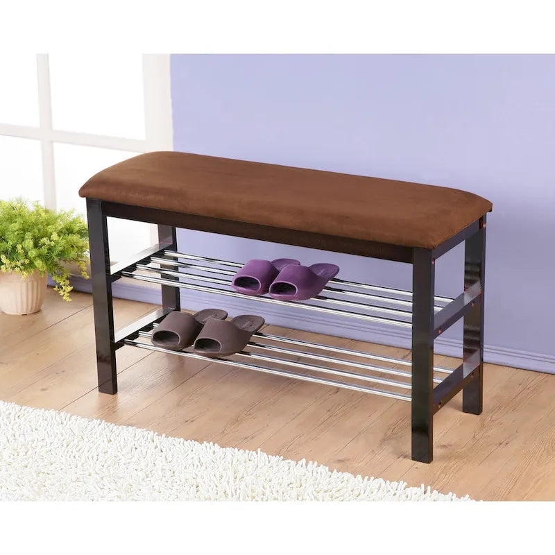 Banc à chaussures Roundhill Furniture en bois expresso foncé avec siège en microfibre couleur chocolat