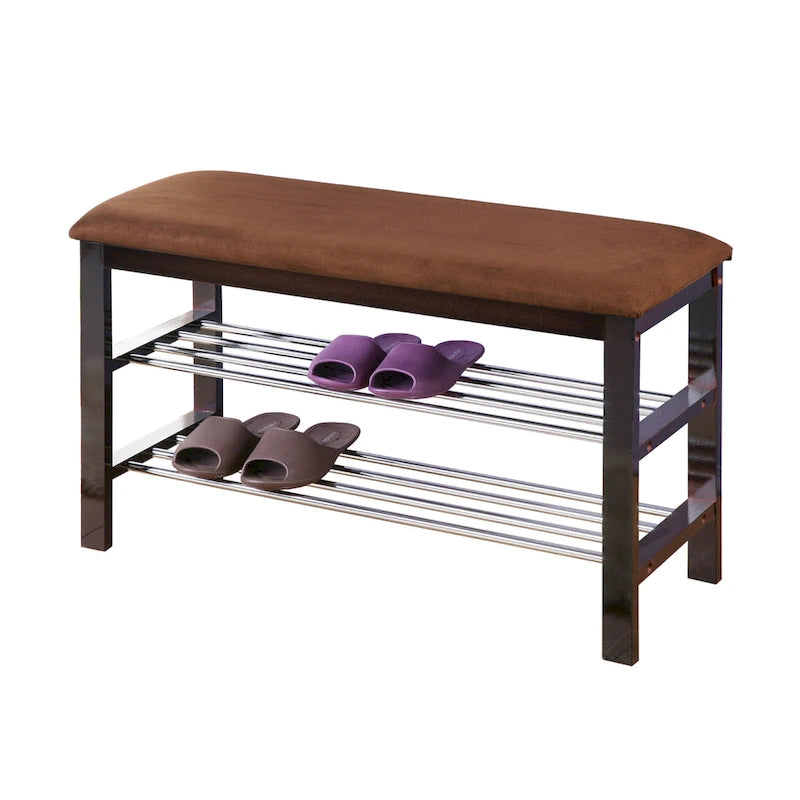 Banc à chaussures Roundhill Furniture en bois expresso foncé avec siège en microfibre couleur chocolat