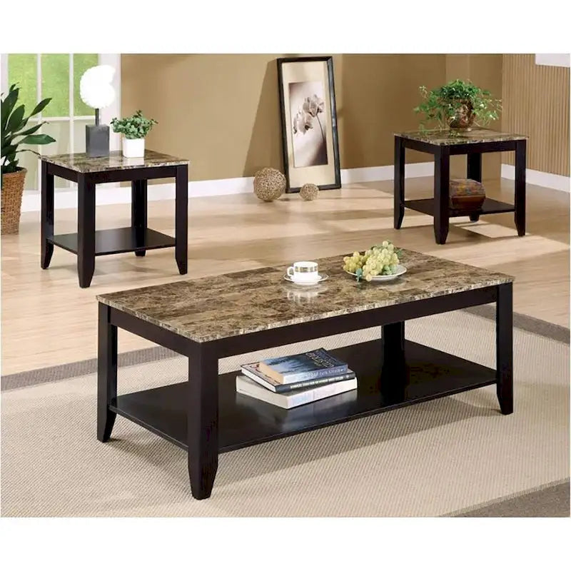 Ensemble de 3 tables avec plateau en marbre, noyer