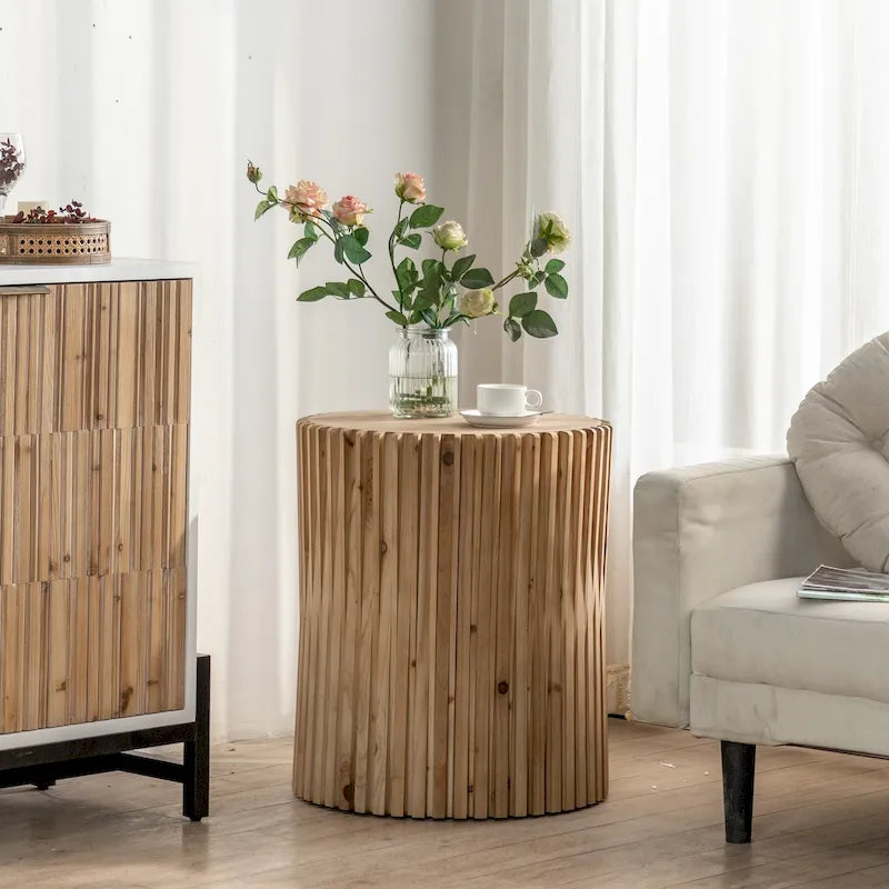 Table basse cylindrique de style rétro avec motif en relief texturé vertical