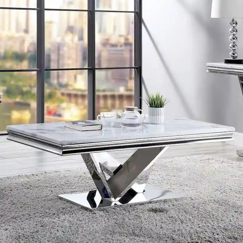Kaliki Glam 51-inch Faux Marble Top Coffee Table with Chrome Pedestal Base by Furniture of America